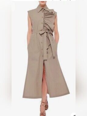 TOME NYC Khaki Ruffle Sleeveless Midi Shirt Dress Duster Coat Size S Minimalist